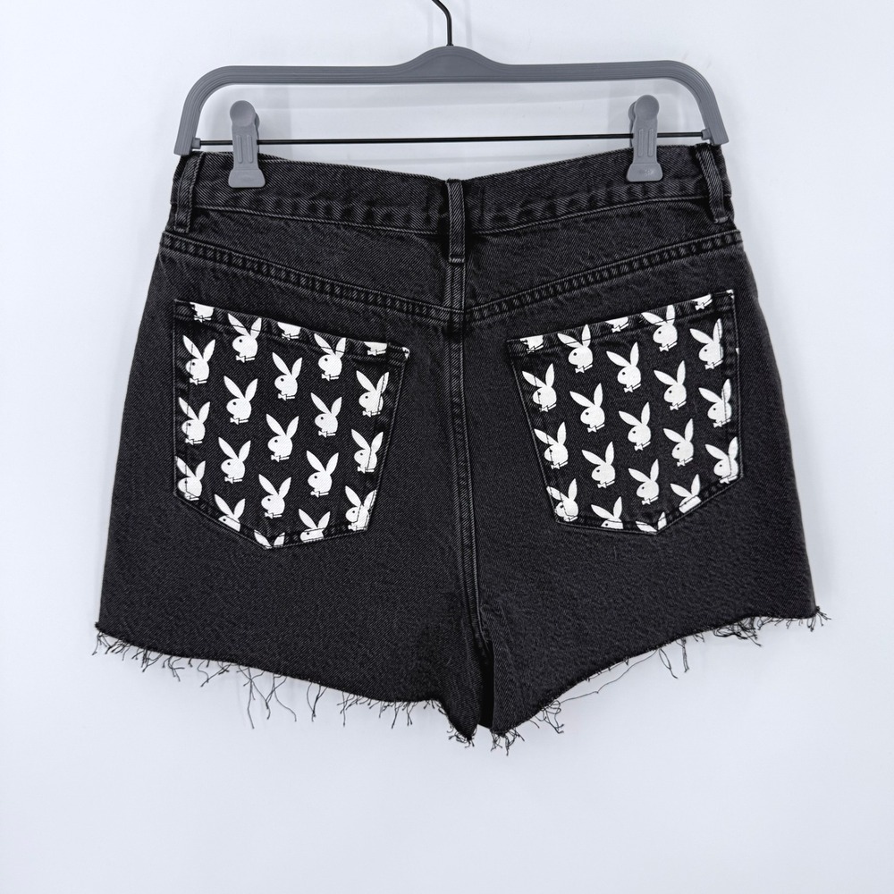Playboy by PacSun Black Denim High Waisted Logo Pocket Shorts Size 30 NEW